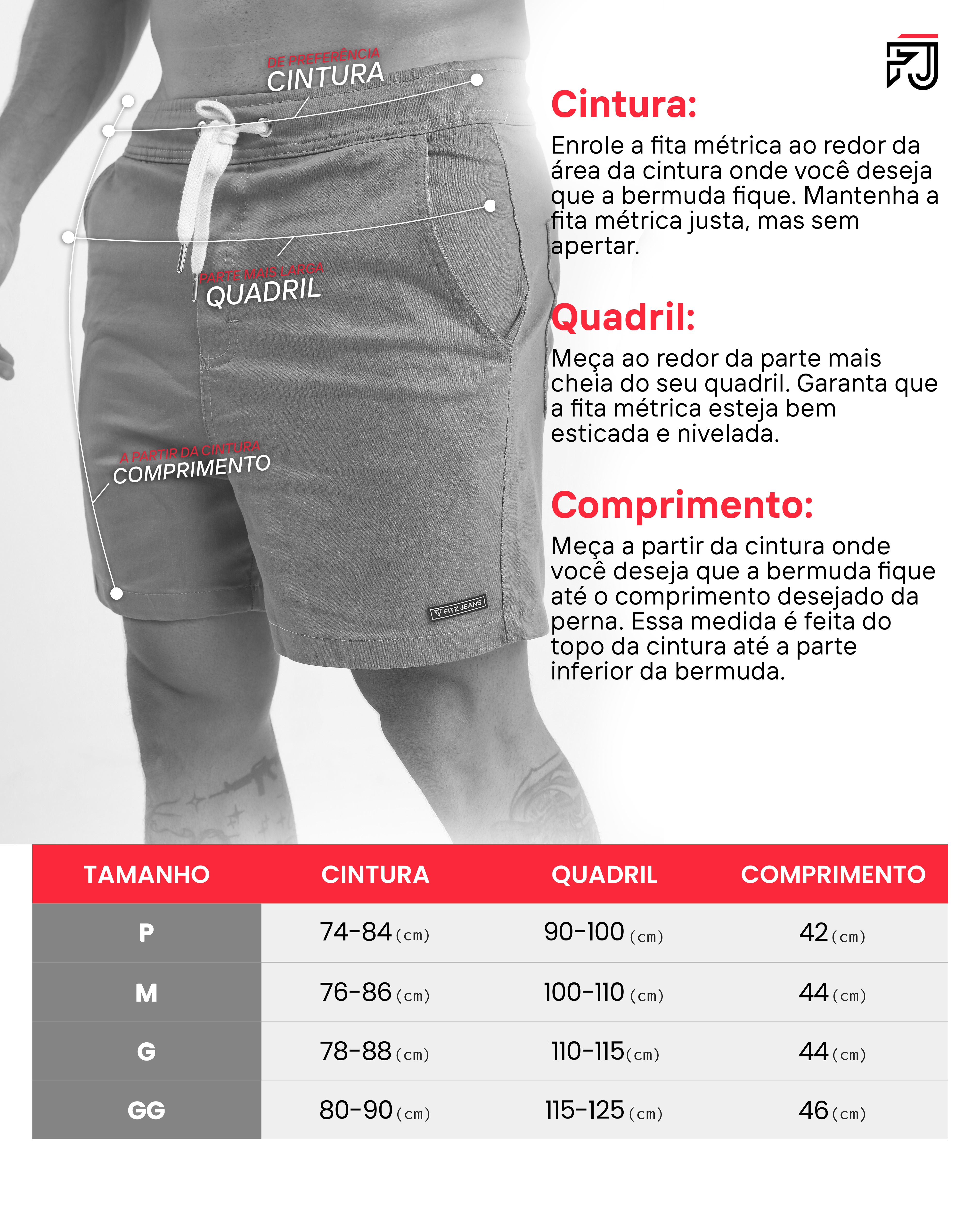 Tabela de medidas shorts sarja